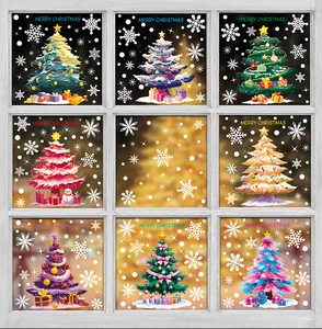 Detail of colorful Christmas tree static window stickers with Merry Christmas text and snowflakes