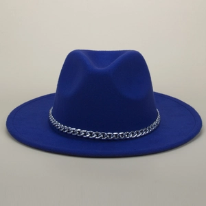 Detail of royal blue wool fedora hat featuring a stylish thick silver metal chain band
