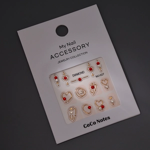 K9 glass diamond hollow heart nail art stickers with gold foil and colorful rhinestones