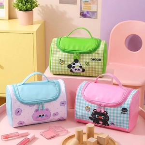 Trousses de maquillage panda en PU imperméable vert, rose et bleu à grande capacité