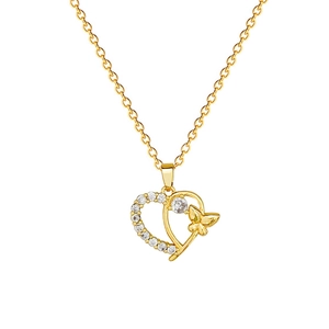 Titanium steel heart and butterfly necklace with clear pavé crystals on white background