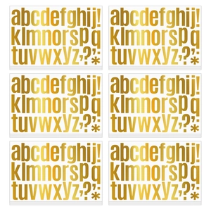 Detail of 2-inch gold foil lowercase alphabet and symbol stickers for DIY gift decor