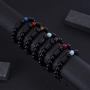 Adjustable 10mm black onyx and tiger eye beaded zodiac bracelets with astrology charms
