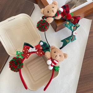 Christmas plush bear headband with red green bow and Merry Christmas text decor