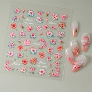 Détail macro des stickers ongles hibiscus Co-305 avec fleurs en relief 3D et reflets laser