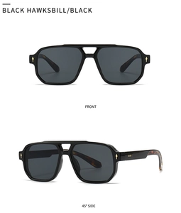 Front and side view of retro aviator sunglasses with black frames and rivet details
