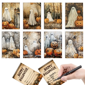 Vintage Halloween Invitation Cards Ghost Pumpkin Theme Party Supplies Double Sided Paper Greeting Postcards