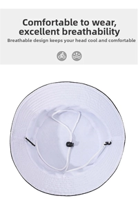 Detail of white bucket hat interior with adjustable wind rope and breathable knit fabric