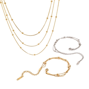 Three-layer gold beaded stainless steel necklace and beaded bracelets jewelry set