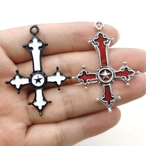 Gothic inverted cross pendant with pentagram design in enamel for DIY jewelry making