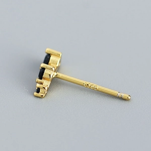S925 sterling silver geometric stud earrings with three black stones in gold finish