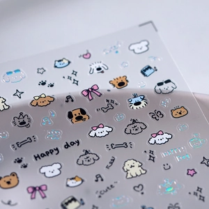 Holographic laser cartoon dog nail stickers with shiny silver outlines and cute patterns