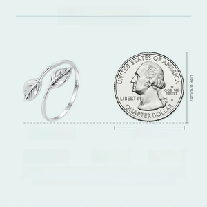Detailed S925 sterling silver leaf ring dimensions with coin for size comparison