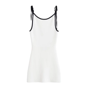 Robe Mini Femme Tricot Bordure Contrastée Bretelles Nœud Moulante Sans Manches Col En V Été Décontracté Fête