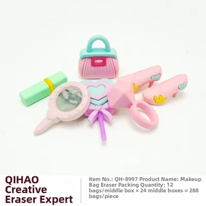 Detail view of colorful cosmetic-shaped erasers including lipstick and handbag models