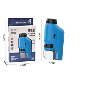 Detailed size specifications of the portable blue handheld optical microscope and its box