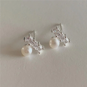 Minimalist Artificial Pearl Zircon Stud Earrings With 925 Sterling Silver Earring Post Geometric Square Drop Jewelry For Women