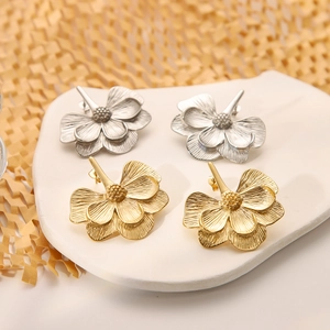 Flower Stud Earrings 18K Gold Plated Stainless Steel Textured 3D Petal Large Floral Vintage Elegant Jewelry For Women