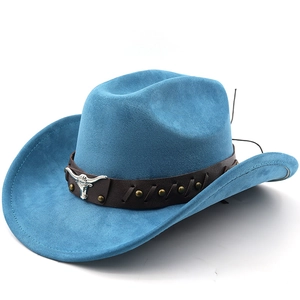 Blue faux suede western cowboy hat with brown leather band and bull head emblem