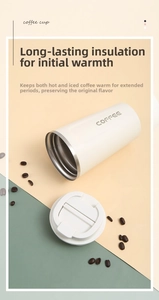 White matte stainless steel coffee tumbler with lid and coffee beans detail