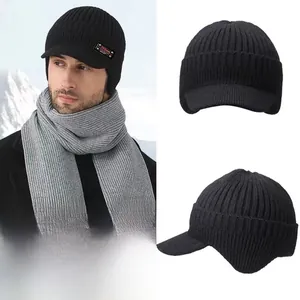 Detail view of thickened knit winter hat with fleece lining and soft ribbed scarf