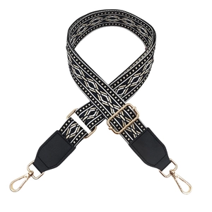 Adjustable 3.8cm wide jacquard bag strap with black and white diamond pattern and gold hooks