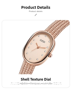 Detail of rose gold mesh strap watch with shell texture dial and rhinestone markers