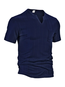 Detailed view of dark blue men's V-neck t-shirt with waffle knit texture and M size tag