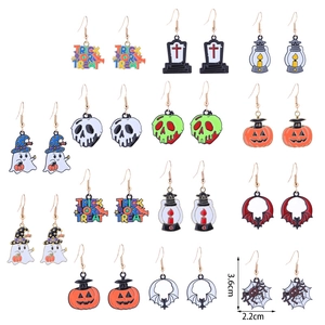 Set of 12 pairs Halloween alloy drop earrings featuring pumpkin ghost and skull designs