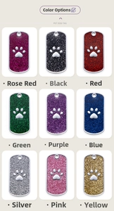 Rectangle glitter pet dog tags with paw print relief in nine different colors