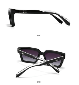 Detail view of black square sunglasses showing side metal decor and purple gradient lens