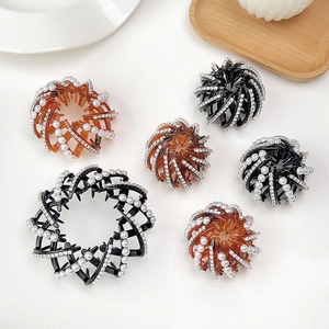 Pince À Cheveux Nid D'oiseau Strass Künstliche Perle Outil De Coiffure Extensible Chignon Style Coréen Élégant Pour Femmes