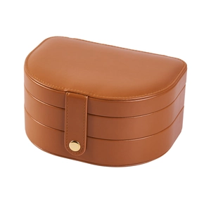 Three-layer brown leather jewelry box with a gold metal clasp and a semicircular lid