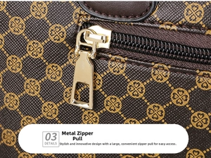 Detail view of premium golden zipper puller and vintage floral print on brown leather bag