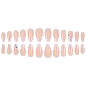 Faux ongles amande rose nude avec motifs tourbillons blancs et petits strass