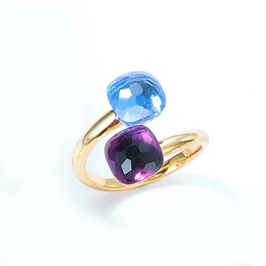 Minimalist S925 silver gold-plated ring with square blue and purple gemstones
