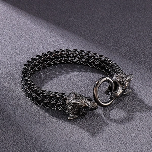 Retro gunmetal double wolf head woven chain bracelet in stainless steel for men