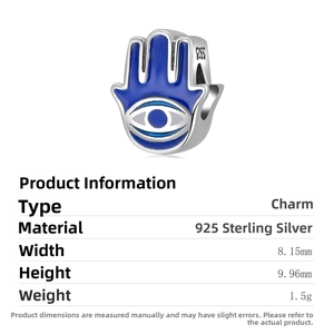 Macro detail of S925 sterling silver Hamsa Hand bead with blue enamel Evil Eye design