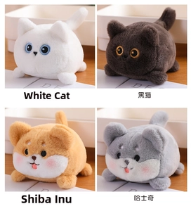 Detailed close-up of cute round plush animal dolls including cats and dogs