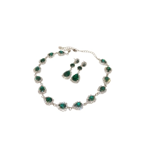 Silver jewelry set with green pear-cut rhinestones including necklace and teardrop earrings