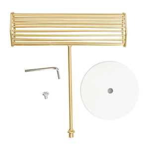 Components of a gold metal jewelry stand with a white base and assembly tool kit