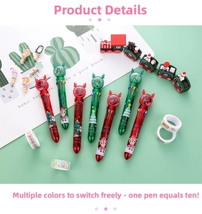 Detail of Christmas retractable pens with reindeer antlers and multi-color ink toggles