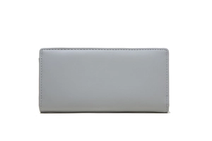 Detail shot of a light gray long wallet with fine synthetic leather texture and stitching