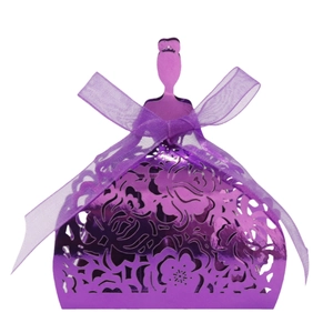 Elegant purple laser-cut gift box in princess dress shape with a matching silk ribbon bow