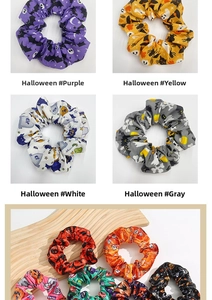 Close-up of Halloween scrunchies with festive patterns of ghosts, pumpkins and bats