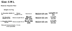 Size chart for striped cardigan and shorts set in polyester with detailed S to L measurements