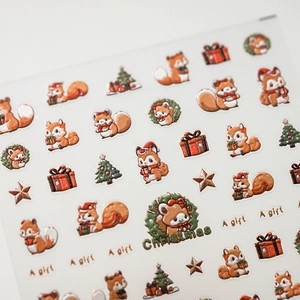 Christmas squirrel and tree 3D nail art stickers with glossy embossed textures