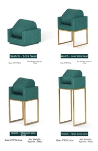 Green velvet sofa-style watch display stands in four heights with gold metal bases