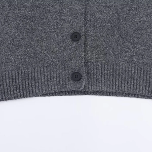 Women's dark gray knit cardigan with stand collar and detailed ribbed hem and buttons