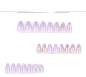 Detail of 24pcs lilac purple press-on nails with gold butterfly and chrome finish